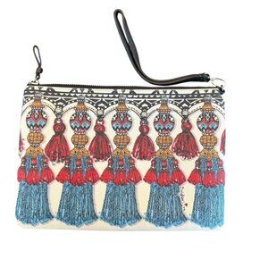 Brighton Women's "TANGIER" Boho Tassel Canvas Wristlet Pouch Handbag Clutch